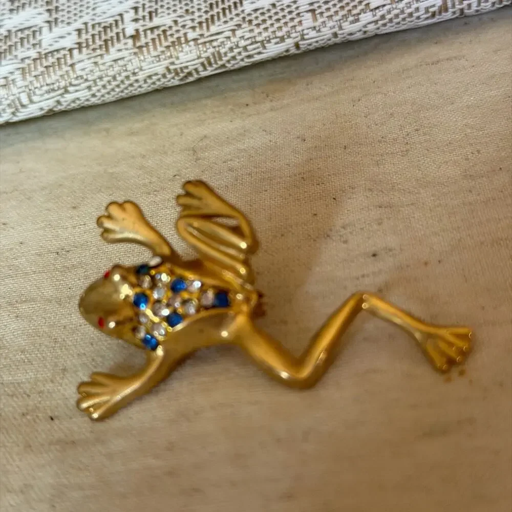 Vintage Gold Frog Brooch with Blue and Red Accents